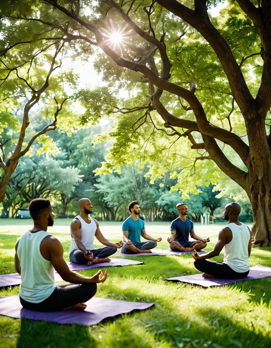A serene setting depicting a diverse group of men practicing mindfulness together in a lush green park. They are engaging in yoga, meditation, and sharing stories, surrounded by nature's tranquility. Soft sunlight filters through the trees, enhancing their sense of community and support for each other's health journeys. The atmosphere conveys calmness and positivity, inviting the viewer to explore these transformative lifestyle choices. vibrant colors. super-realistic. natural background.