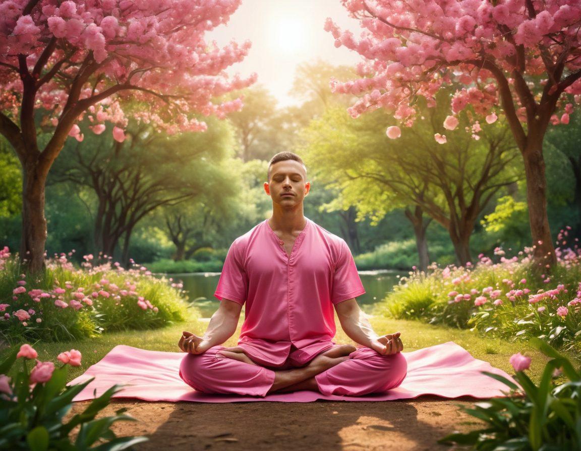 A serene scene featuring a confident man practicing meditation in a sunlit park, surrounded by vibrant greenery and blossoming flowers symbolizing health. In the background, subtle imagery of a hypnotherapy session, with calming waves and light patterns that evoke transformation and healing. Incorporate symbols of cancer awareness, like a pink ribbon subtly integrated into the nature scene. The overall mood should exude tranquility, strength, and empowerment. super-realistic. vibrant colors. soft focus.
