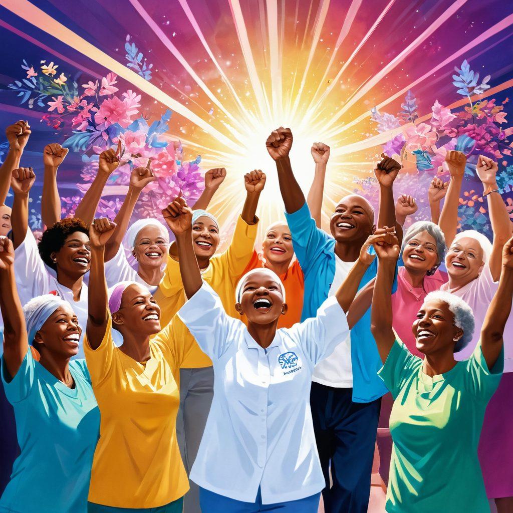A vibrant and uplifting scene depicting a diverse group of cancer survivors celebrating their triumphs against the disease. In the background, images of advanced therapeutic techniques like radiation and immunotherapy are artistically represented as glowing light beams. Include motivational elements like ribbons and flowers symbolizing hope and resilience. The overall atmosphere should convey positivity and community spirit. digital painting. vibrant colors. soft light.